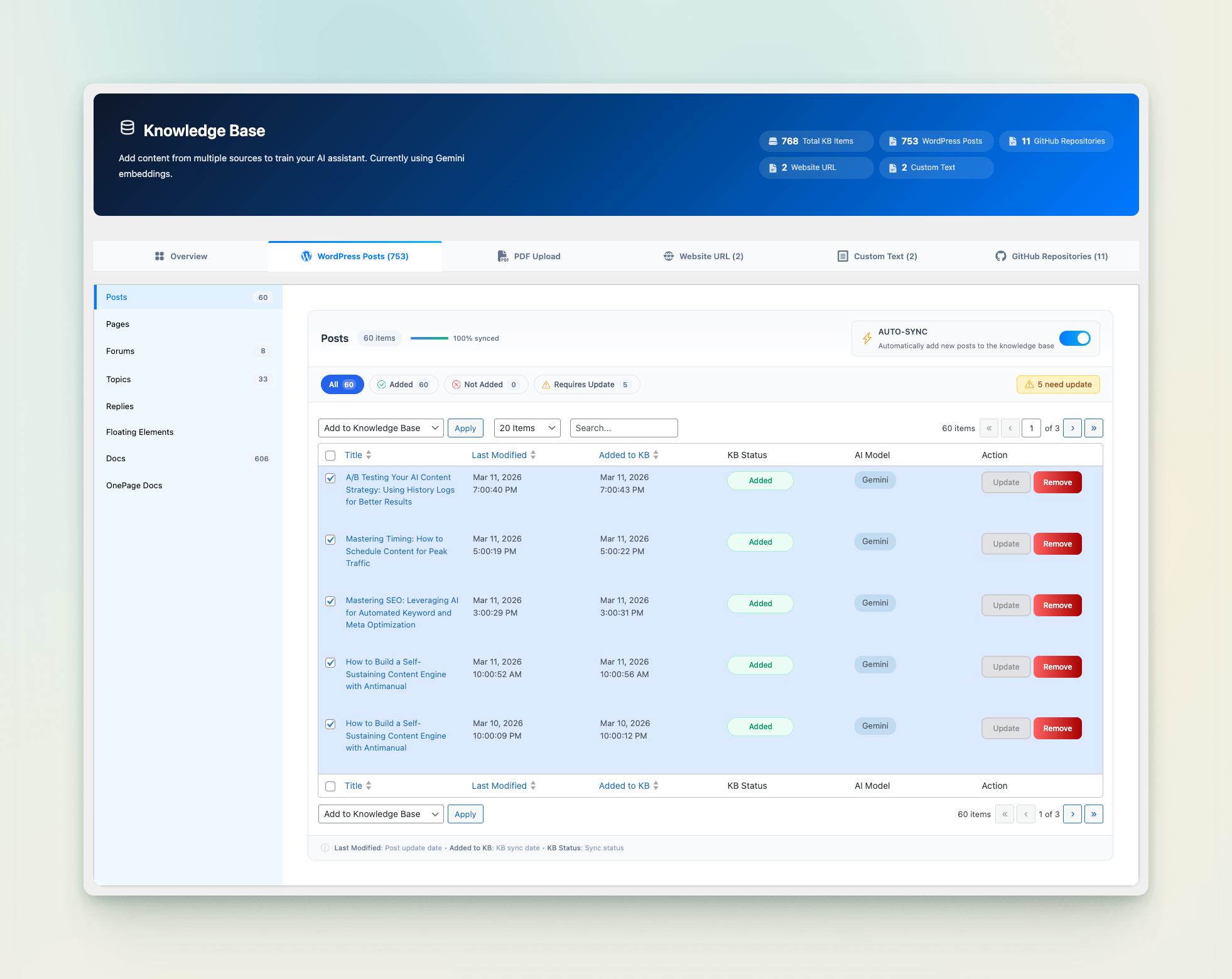Antimanual AI semantic search results on a Docy knowledge base
