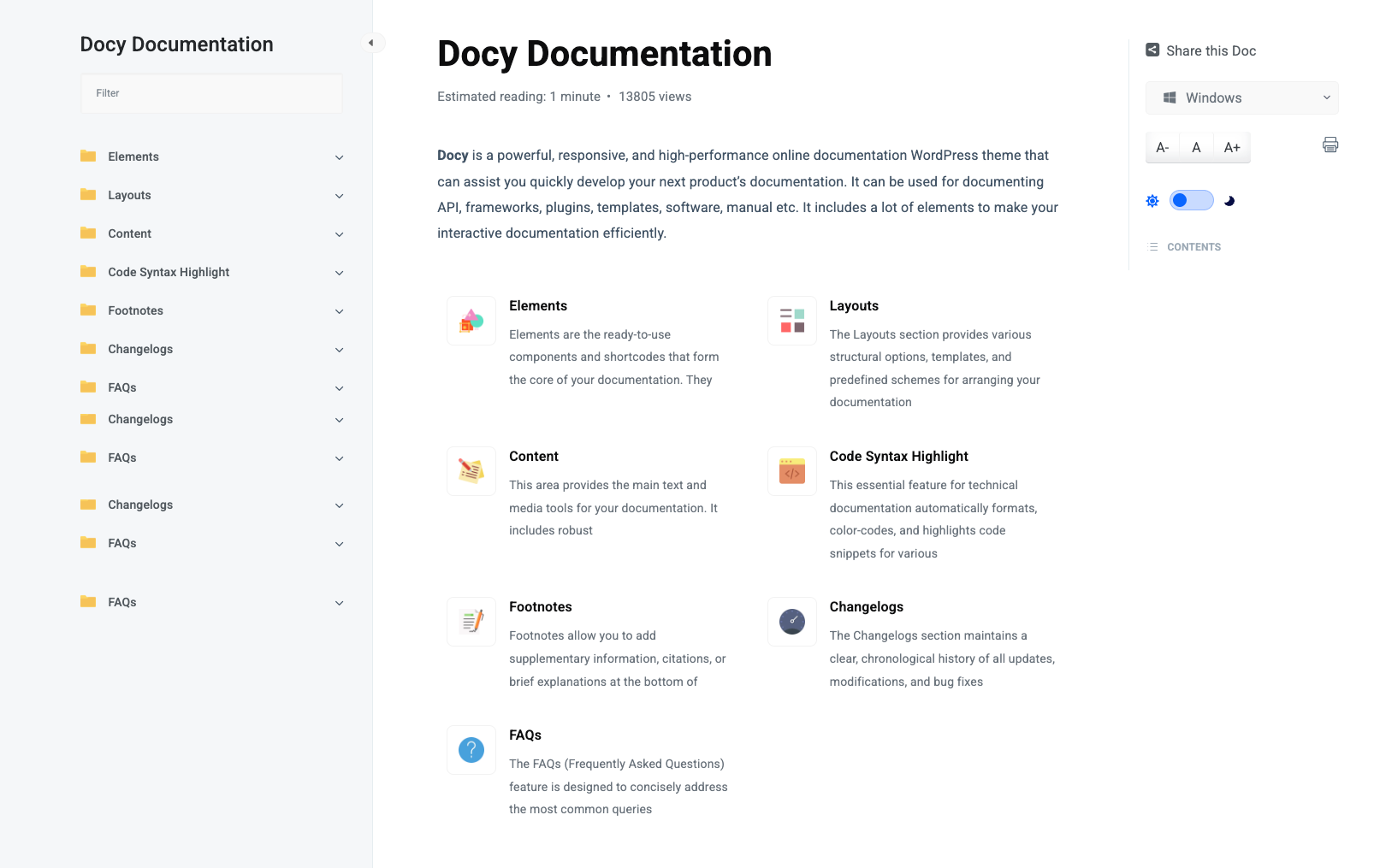 A single EazyDocs article with sticky sidebar Table of Contents, breadcrumbs, and feedback row