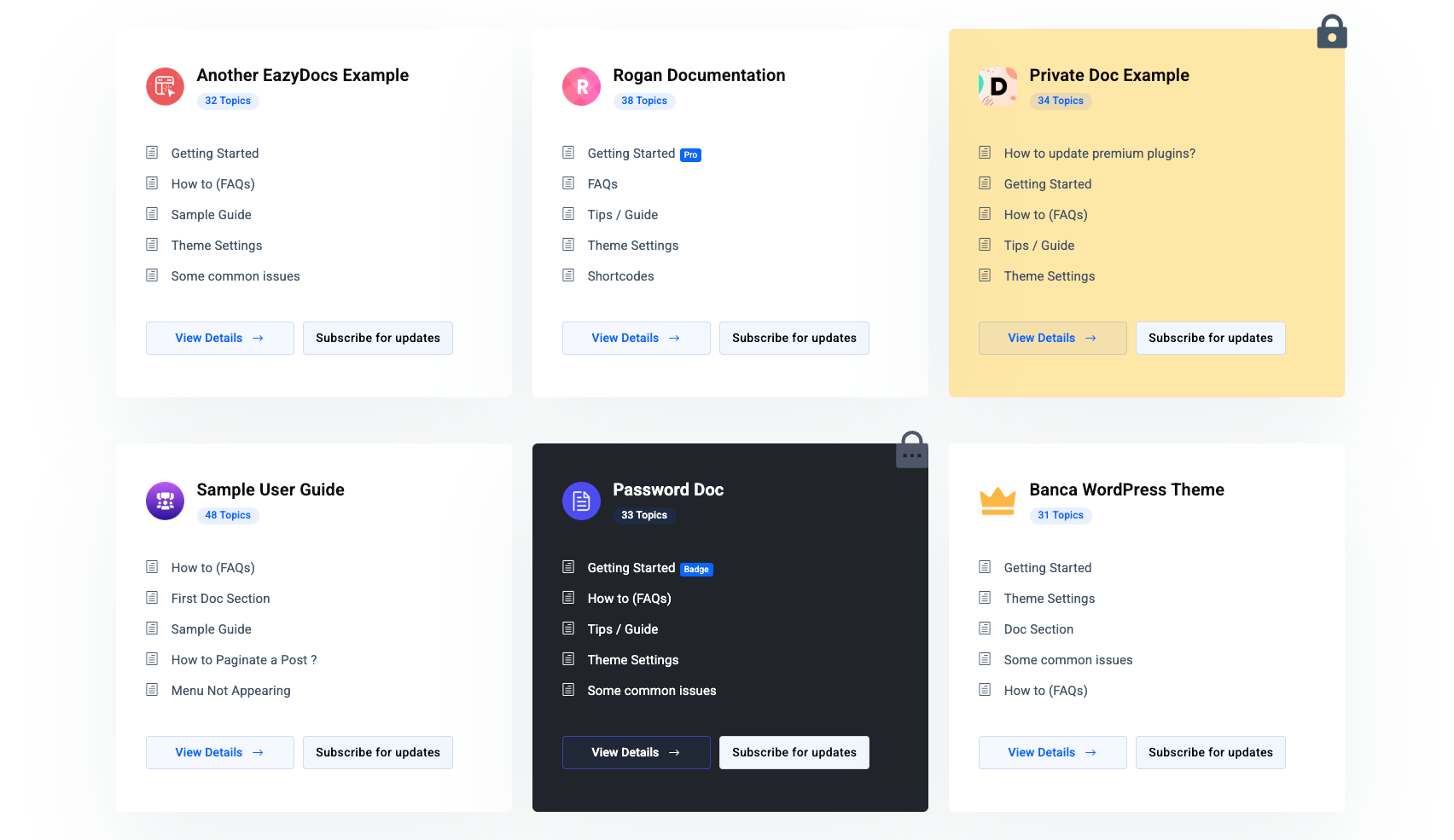 EazyDocs knowledge base homepage - category grid with live search