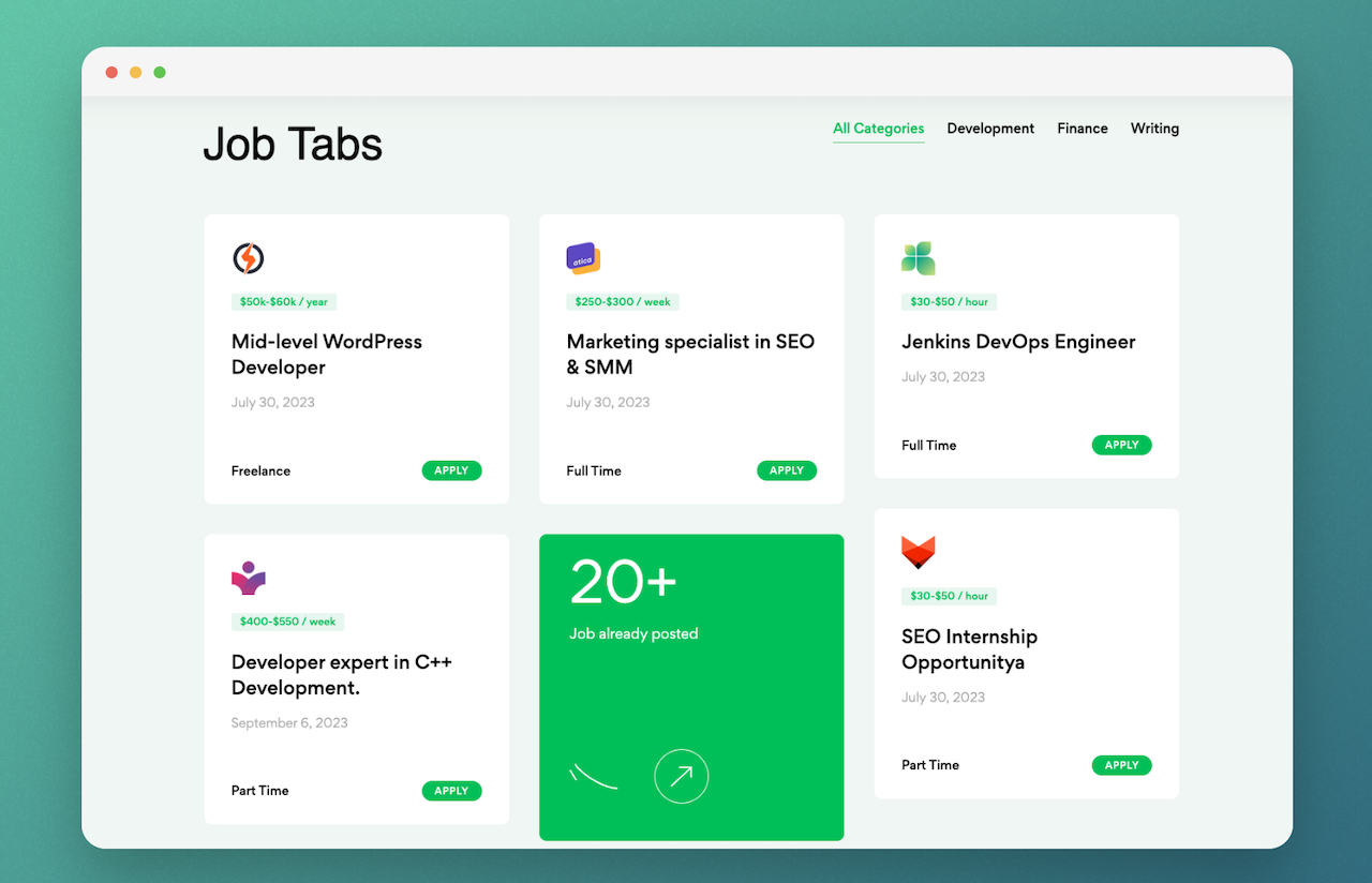 Jobus job listings grid - categories, salary, and apply buttons