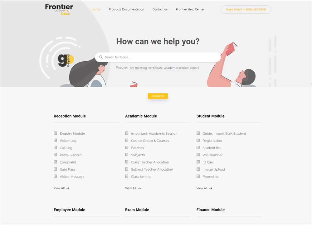 Frontier Docs school management help center built with Docy