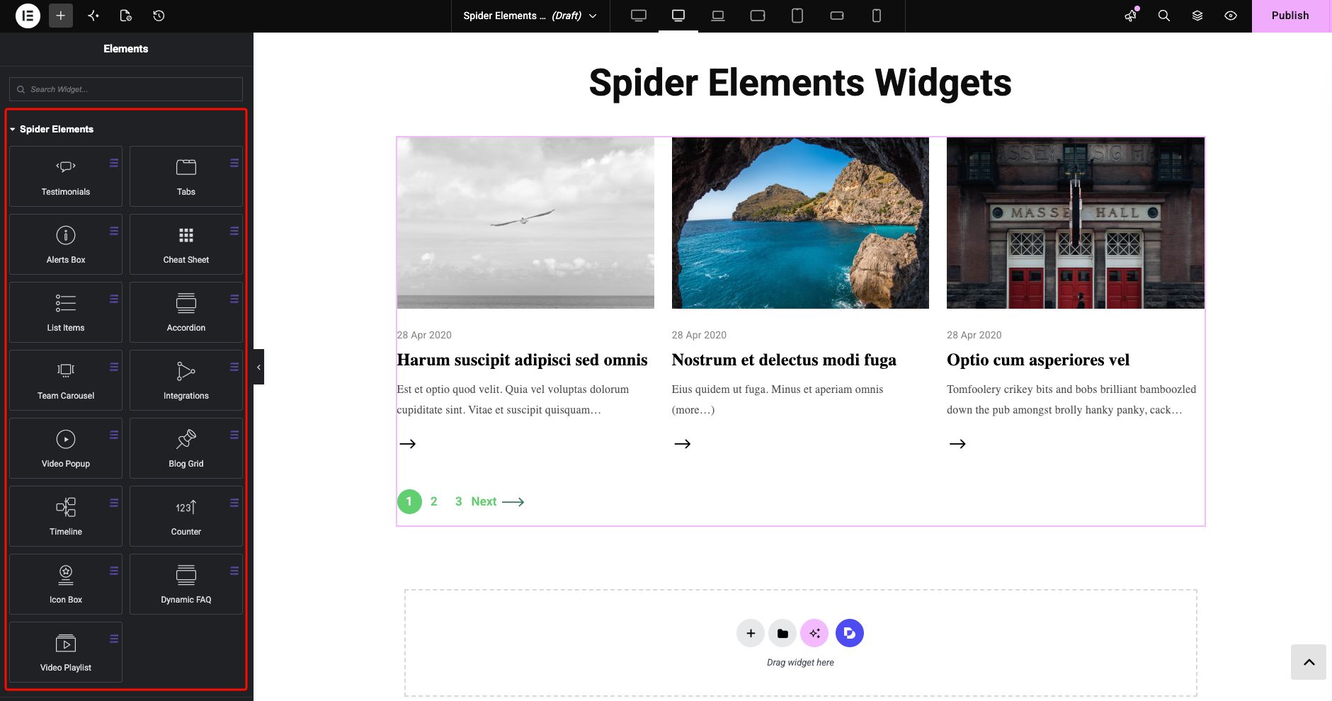 Spider Elements widgets in the Elementor editor panel